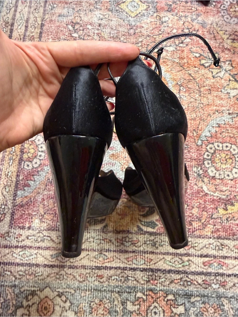 CHANEL 2003 Cruise Collection Black Satin & Patent Leather Lace-Up Wedge Sandals